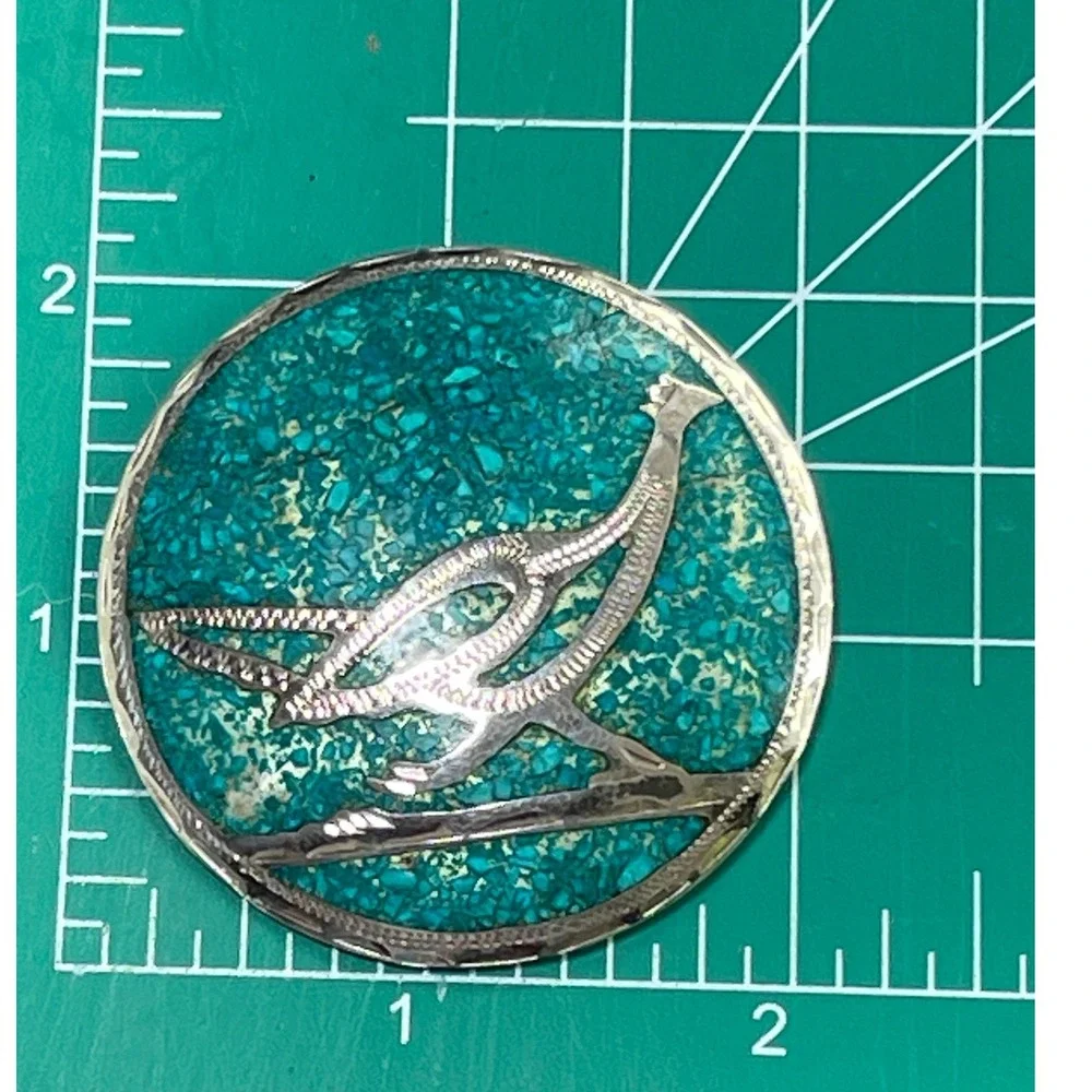 Vtg Guad Mex 925 Sterling Silver Turquoise Mosaic Bird Brooch Pin Pendant 13g